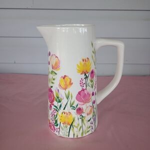 Floral Ceramic Pitcher with Pink and Yellow Blooms